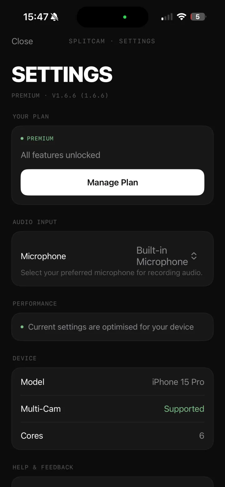 The SplitCam settings screen, showing the microphone source, the current plan and device information.